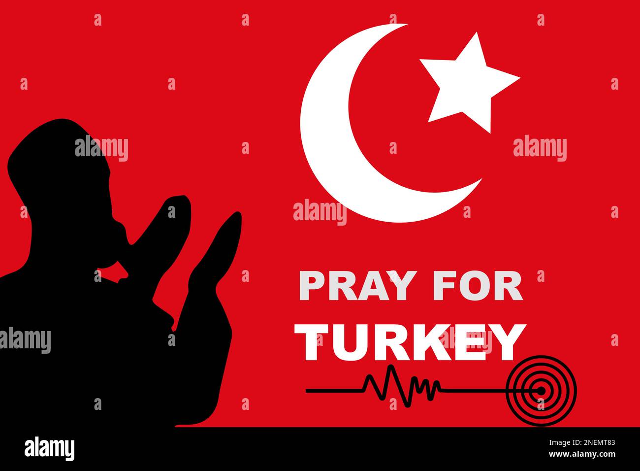 Bete für die Türkei, die vom Erdbeben betroffen ist. Truthahnflagge mit dua und Erdbeben Richter Waage winkt. Ein Erdbeben traf zwei Länder gleichzeitig. Stock Vektor