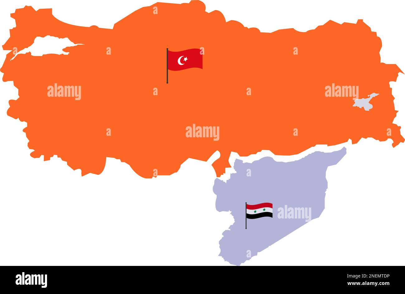 Karte der Türkei und Karte Syriens mit hoher Detailtiefe. Karte von Truthahn gefüllt mit Orange. Syrische Karte mit Rot, Weiß und Schwarz, drei Farben und Stern. Türkisch Stock Vektor