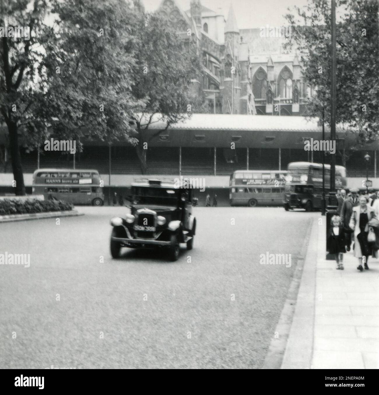 London, England. 1953. Blick vom Parlamentsplatz auf die vor der Westminster Abbey errichteten temporären Stände, insbesondere zur Krönung von Königin Elizabeth II., die am 2. Juni 1953 stattfand. Londoner Busse fahren vorbei, und ein 1930er Austin London Taxicab befindet sich im Vordergrund. Stockfoto