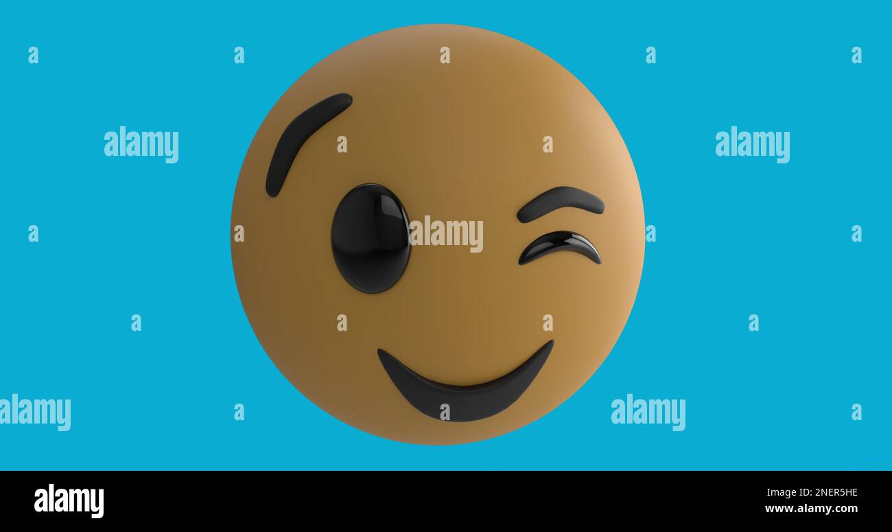 Digitales Bild von Emoji-Gesichtszwinkern vor blauem Hintergrund Stockfoto