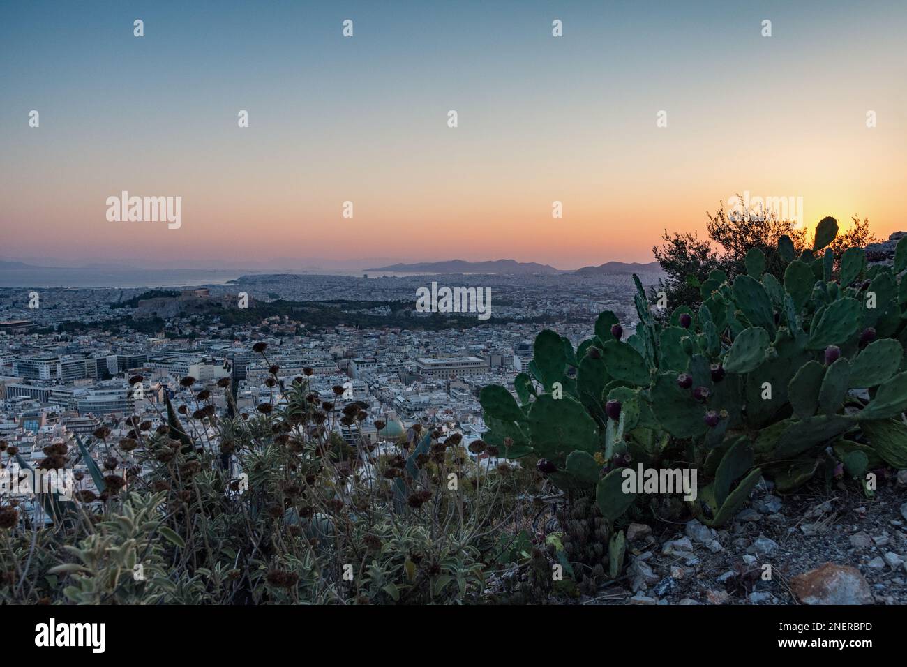 Panoramablick auf die Stadt Athen in der Abenddämmerung Stockfoto