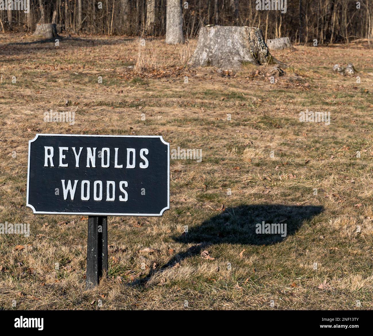Das Reynolds Woods-Schild im Gettysburg National Military Park in Gettysburg, Pennsylvania, USA Stockfoto