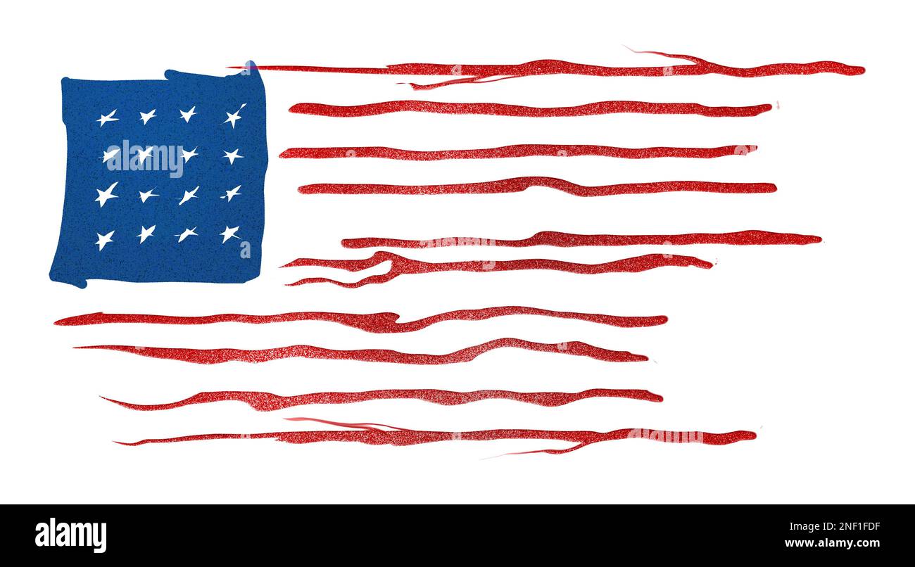 Eine US-Flagge in lockerem und ungezwungenem Stil ist isoliert auf weißem Hintergrund. Stockfoto