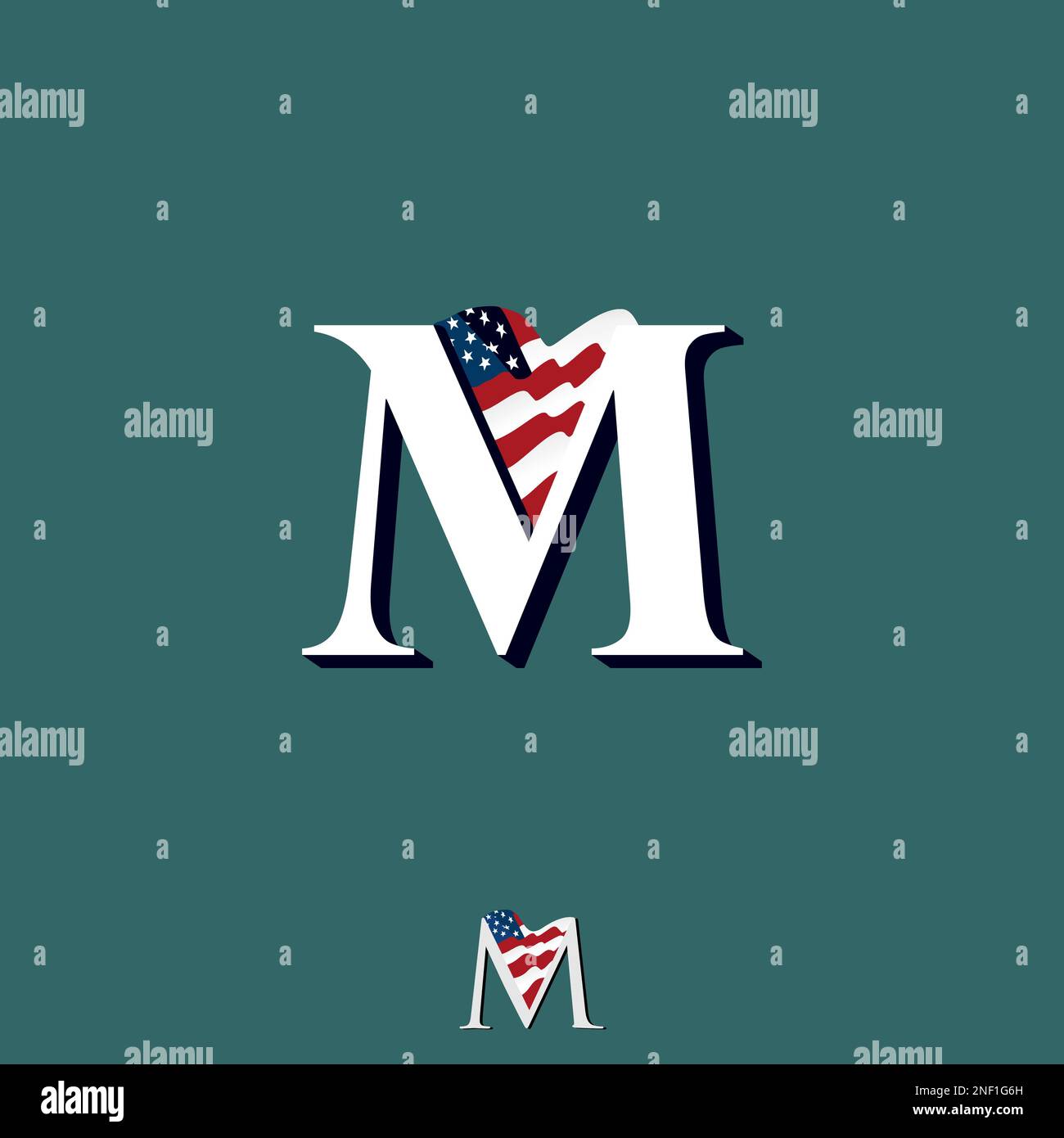 Serifenförmiger Buchstabe M mit amerikanischer Flagge Grafik Symbol Logo Design abstraktes Konzept Vektormaterial. Wird als Symbol verwendet, das sich auf die Initiale oder das Land bezieht Stock Vektor