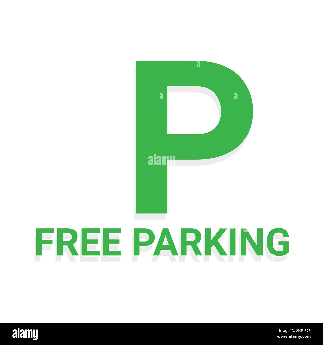 Eine Vektordarstellung mit grünem Buchstaben-P-Logo und isoliertem Text für kostenloses Parken auf weißem Hintergrund. Für Logo-Parkplätze, Hotels, Krankenhäuser Stock Vektor