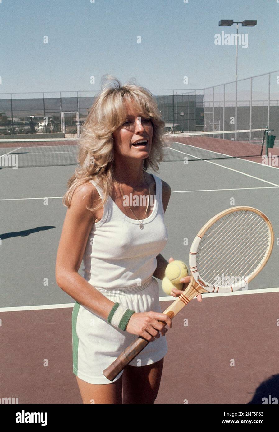 Actress Farrah Fawcett-Majors, shown on tennis court, in Los Angeles in May 1977. (AP Photo