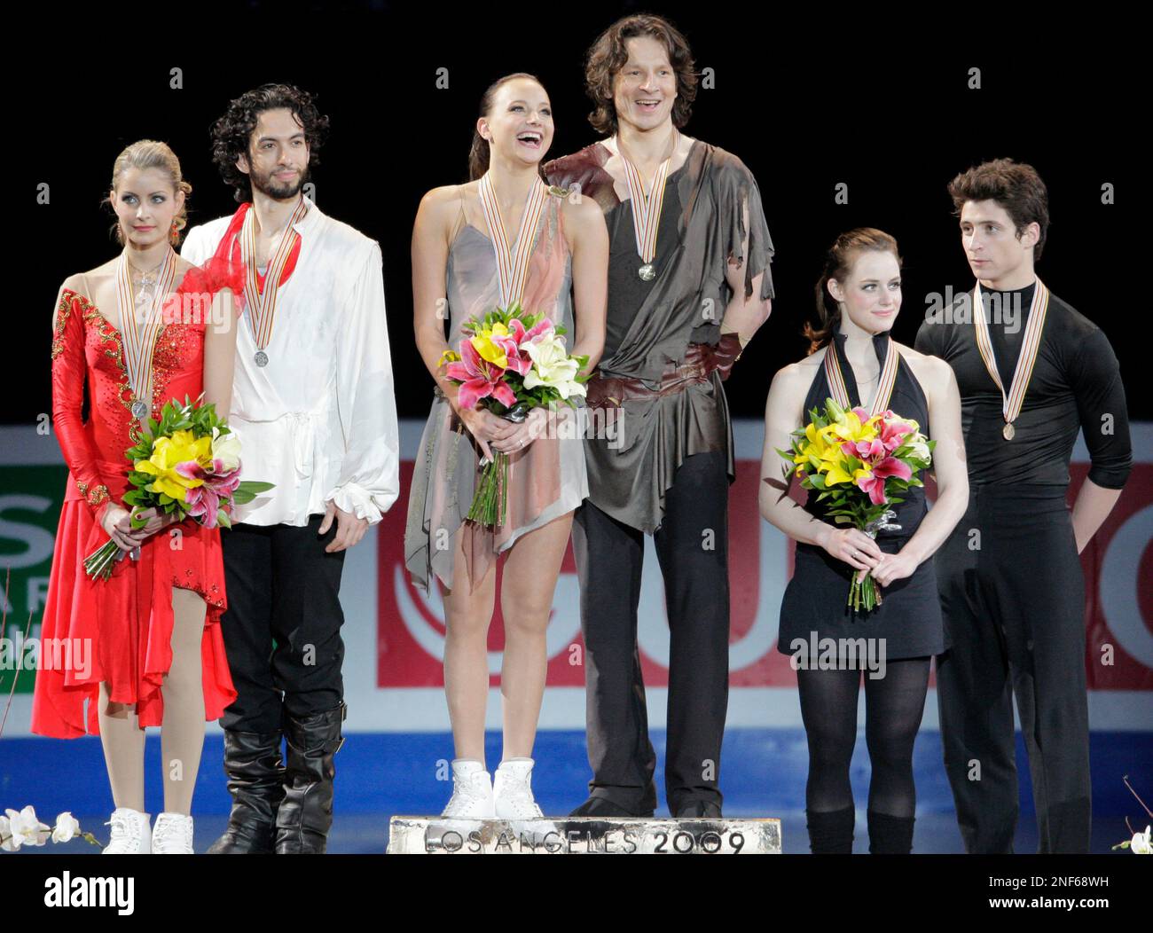 Ice dancing gold medalists Oksana Domnina and Maxim Shabalin of Russia