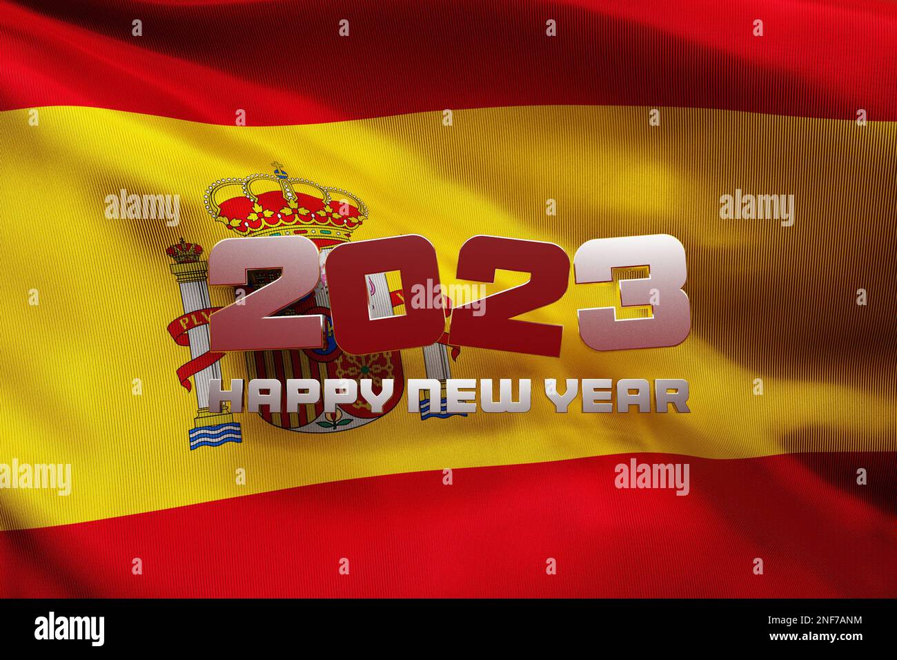 3D Darstellung der spanischen Nationalflagge mit einer Gratulationsinschrift "Frohes neues Jahr 2023" Stockfoto