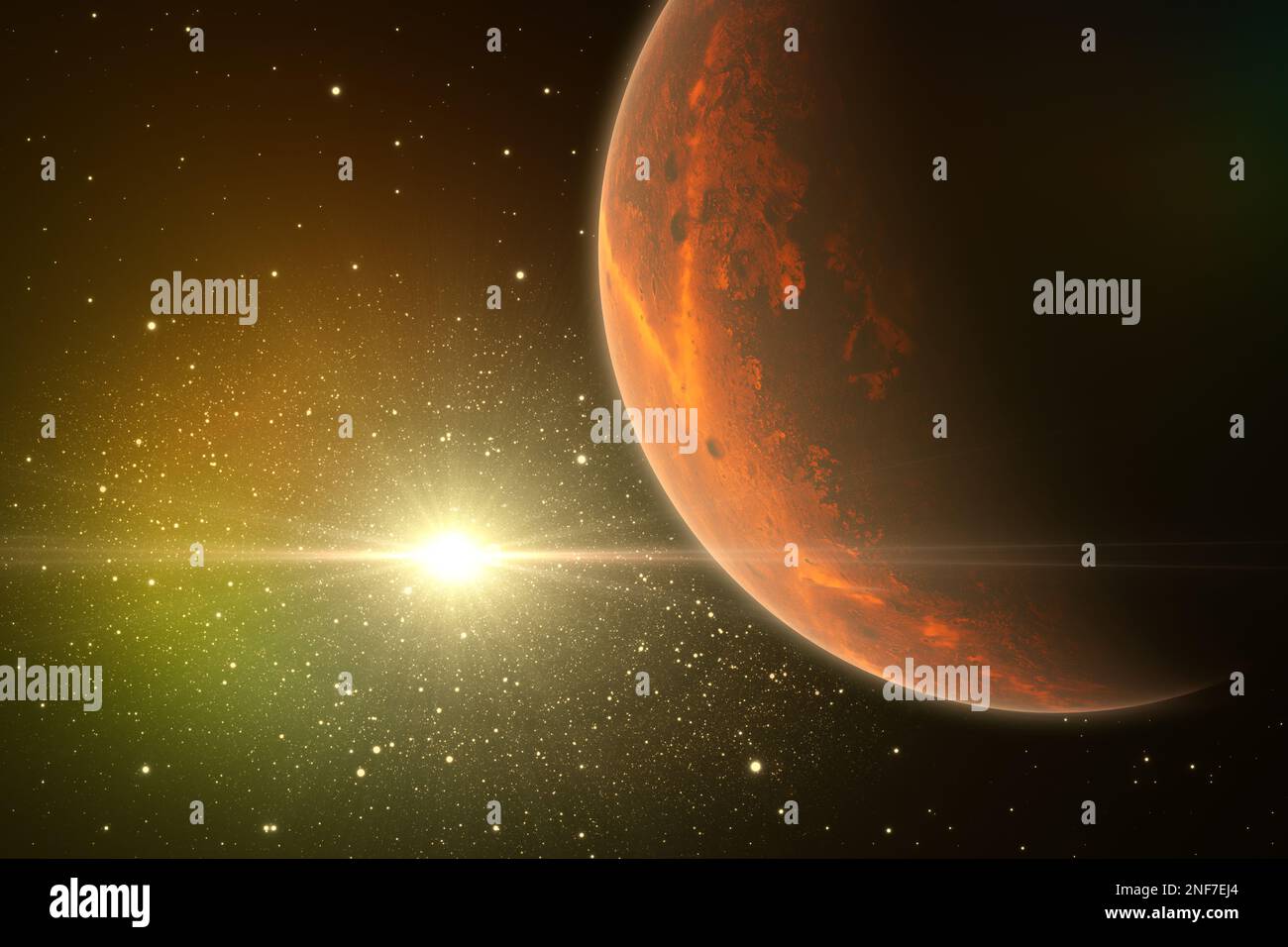 Exoplanet oder Extrasolar Planet mit fernem Quasar, extrem leuchtendem aktiven galaktischen Kern. 3D Abbildung Stockfoto
