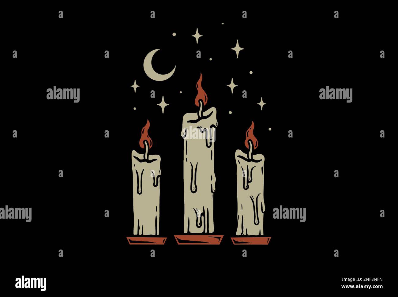 Traditionelles Tattoo-inspiriertes Design mit coolem Grafikdesign, bei Nacht Kerzen mit Mond und Sternen Stockfoto
