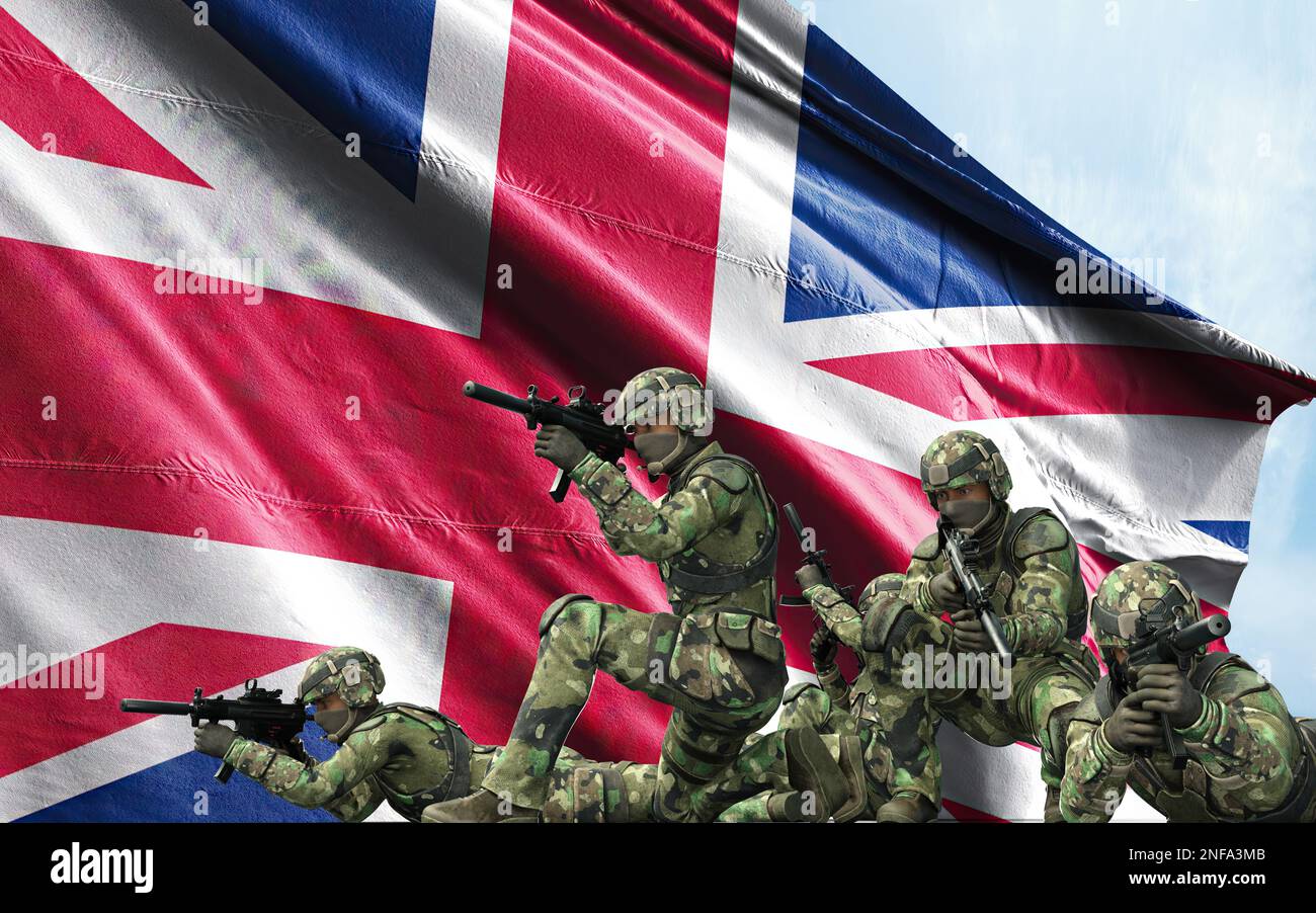 3D Illustration eines Soldaten der britischen Armee mit Nationalflagge. Grußkarte für Veteranentag, Gedenktag, Unabhängigkeitstag. Die Feier des Vereinigten Königreichs. Stockfoto