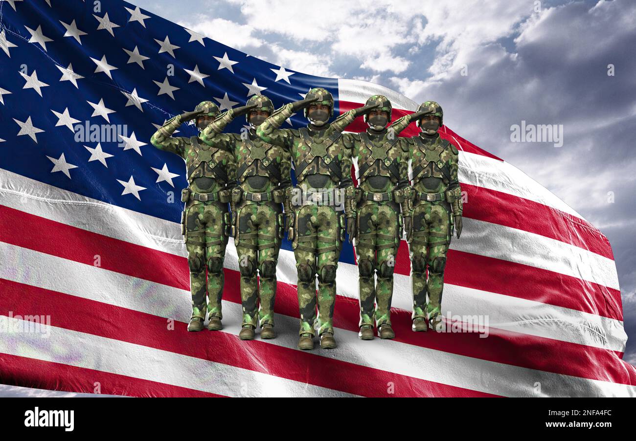 3D Abbildung eines US-Soldaten mit Nationalflagge. Grußkarte für Veteranentag, Gedenktag, Unabhängigkeitstag. Amerika-Feier. Stockfoto