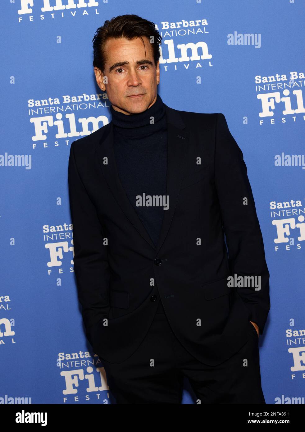 SANTA BARBARA, KALIFORNIEN - 16. Februar 2023: Colin Farrell nimmt am Arlington Theatre an der Verleihung des Cinema Vanguard Award zu Ehren von Colin Farrell und Brendan Gleeson Teil Stockfoto