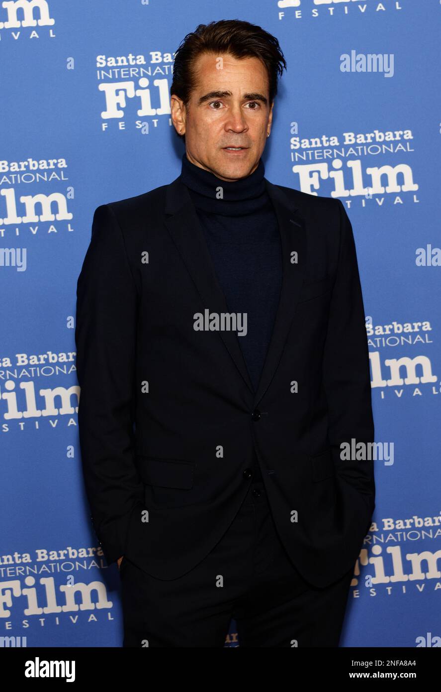 SANTA BARBARA, KALIFORNIEN - 16. Februar 2023: Colin Farrell nimmt am Arlington Theatre an der Verleihung des Cinema Vanguard Award zu Ehren von Colin Farrell und Brendan Gleeson Teil Stockfoto