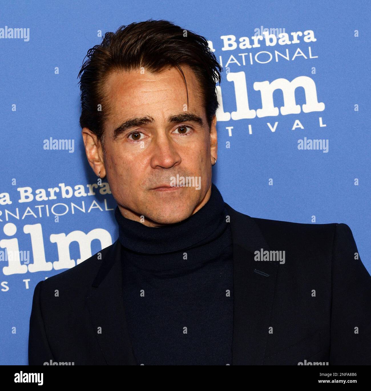 SANTA BARBARA, KALIFORNIEN - 16. Februar 2023: Colin Farrell nimmt am Arlington Theatre an der Verleihung des Cinema Vanguard Award zu Ehren von Colin Farrell und Brendan Gleeson Teil Stockfoto
