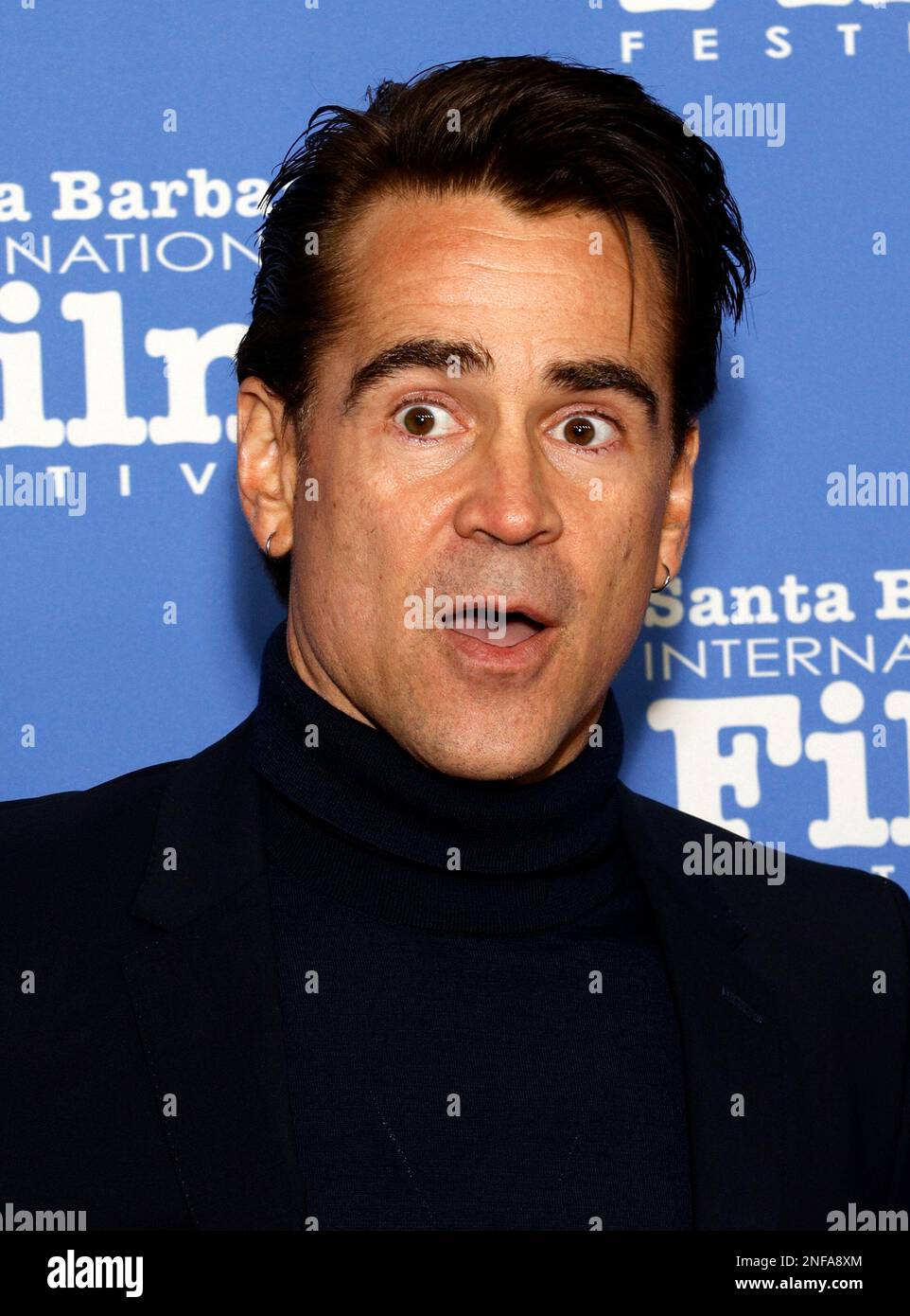 SANTA BARBARA, KALIFORNIEN - 16. Februar 2023: Colin Farrell nimmt am Arlington Theatre an der Verleihung des Cinema Vanguard Award zu Ehren von Colin Farrell und Brendan Gleeson Teil Stockfoto