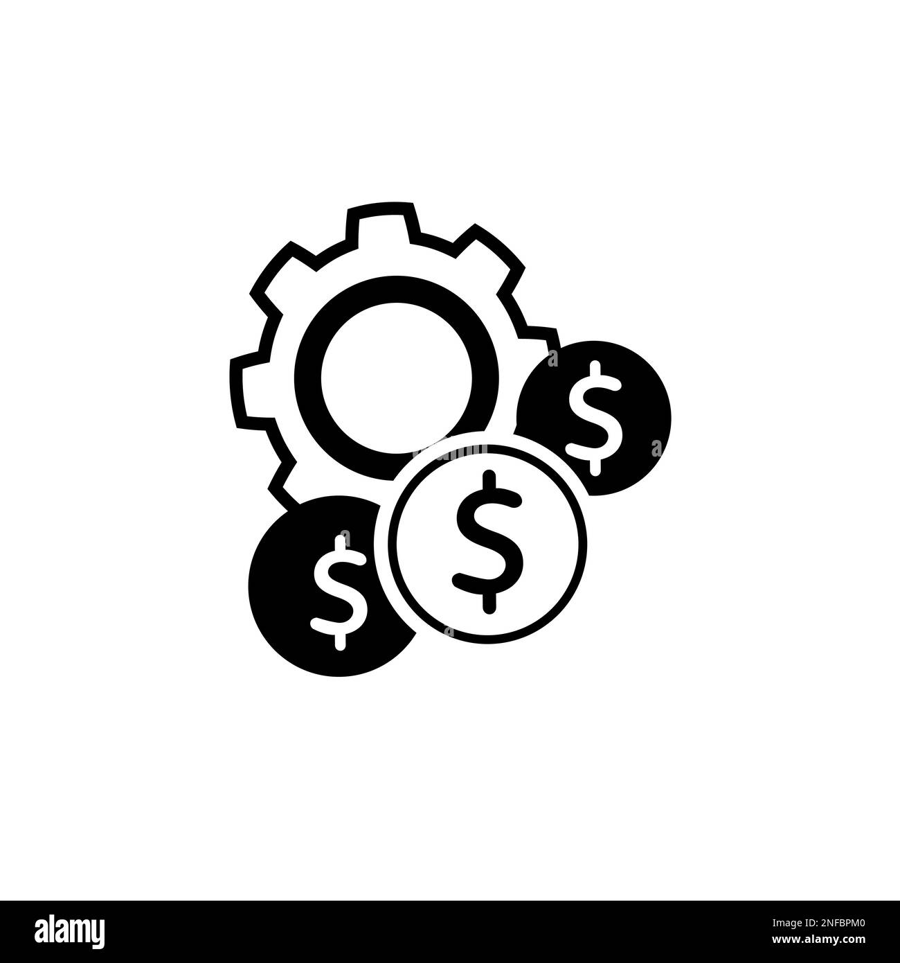 Symbol "Kostengünstige Linie". Zahnräder, Zahnräder und Dollar-Symbol. Symbol für Effizienzlinie und Optimierungslinie. Betrieb und Produktion des Geldverdienerkonzepts. Stock Vektor
