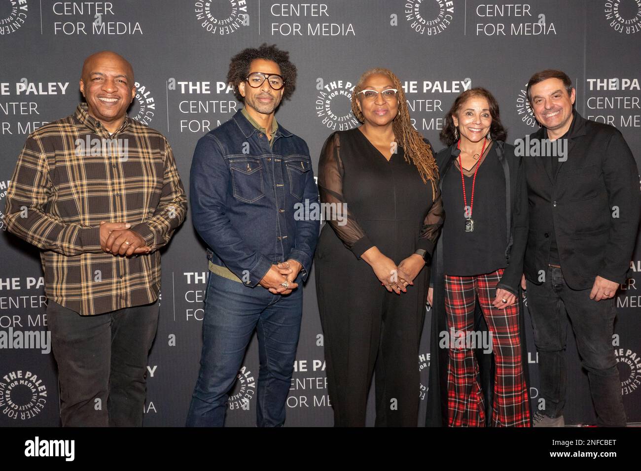 New York, Usa. 16. Februar 2023. Ralph McDaniels, Touré, Lisa Cortés, Julie Anderson und Antonino D'Ambrosio besuchen im Paley Museum in New York City „The Storytellers:?Maintain the Legacy of Iconic Black Musicians“. (Foto: Ron Adar/SOPA Images/Sipa USA) Guthaben: SIPA USA/Alamy Live News Stockfoto