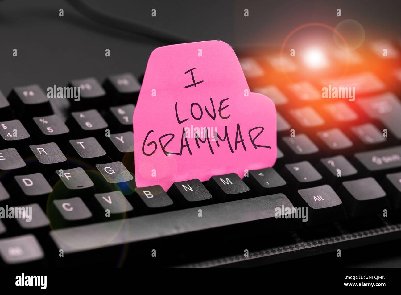 Schild mit der Aufschrift „I Love Grammar“, „Business Idea Act of Admiring System“ und „Structure of Language“ Stockfoto