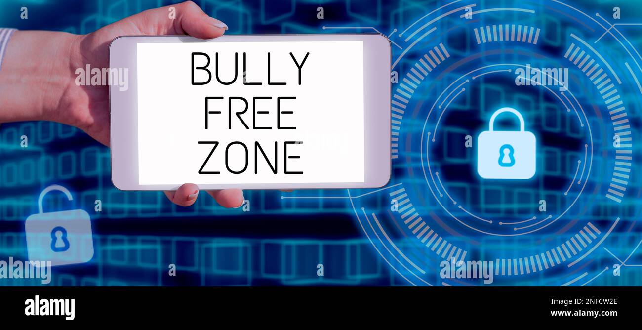 Schild mit der Aufschrift „Bully Free Zone“, Geschäftsübersicht Achtung vor anderen Mobbing ist hier nicht erlaubt Stockfoto