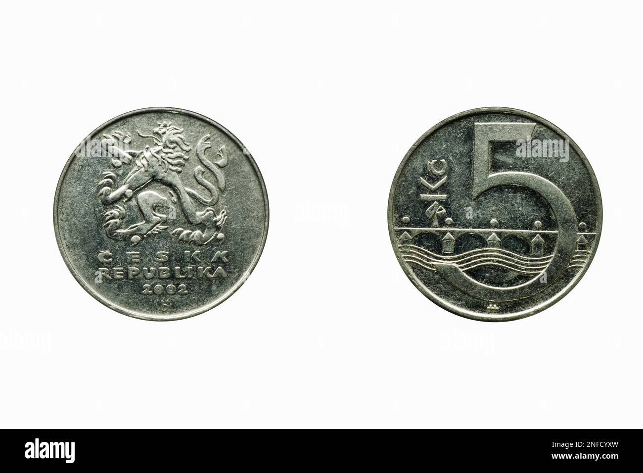 Fünf Koruna-Münzen, vorne und hinten, Ceska-republik, vorne und hinten Stockfoto