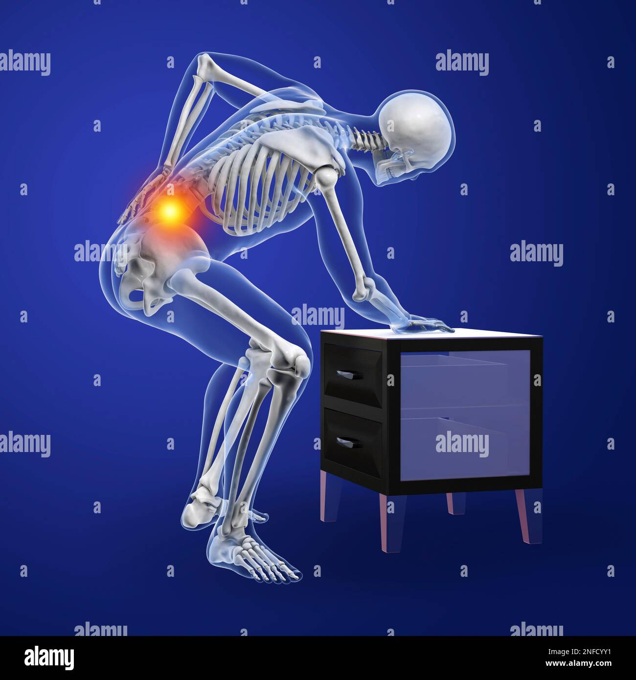 Rückenschmerzen. Konzeptionelles Computerbild eines menschlichen Körpers mit hervorgehobenem ...