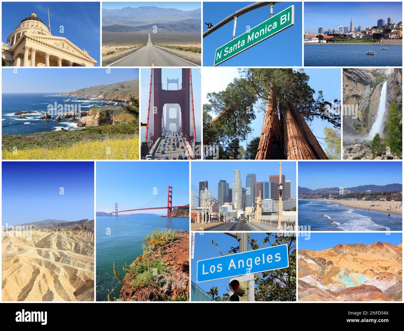 Kalifornische Fotocollage mit Wahrzeichen von Los Angeles, San Francisco, Sacramento, Death Valley, Yosemite und Pazifikküste. Stockfoto