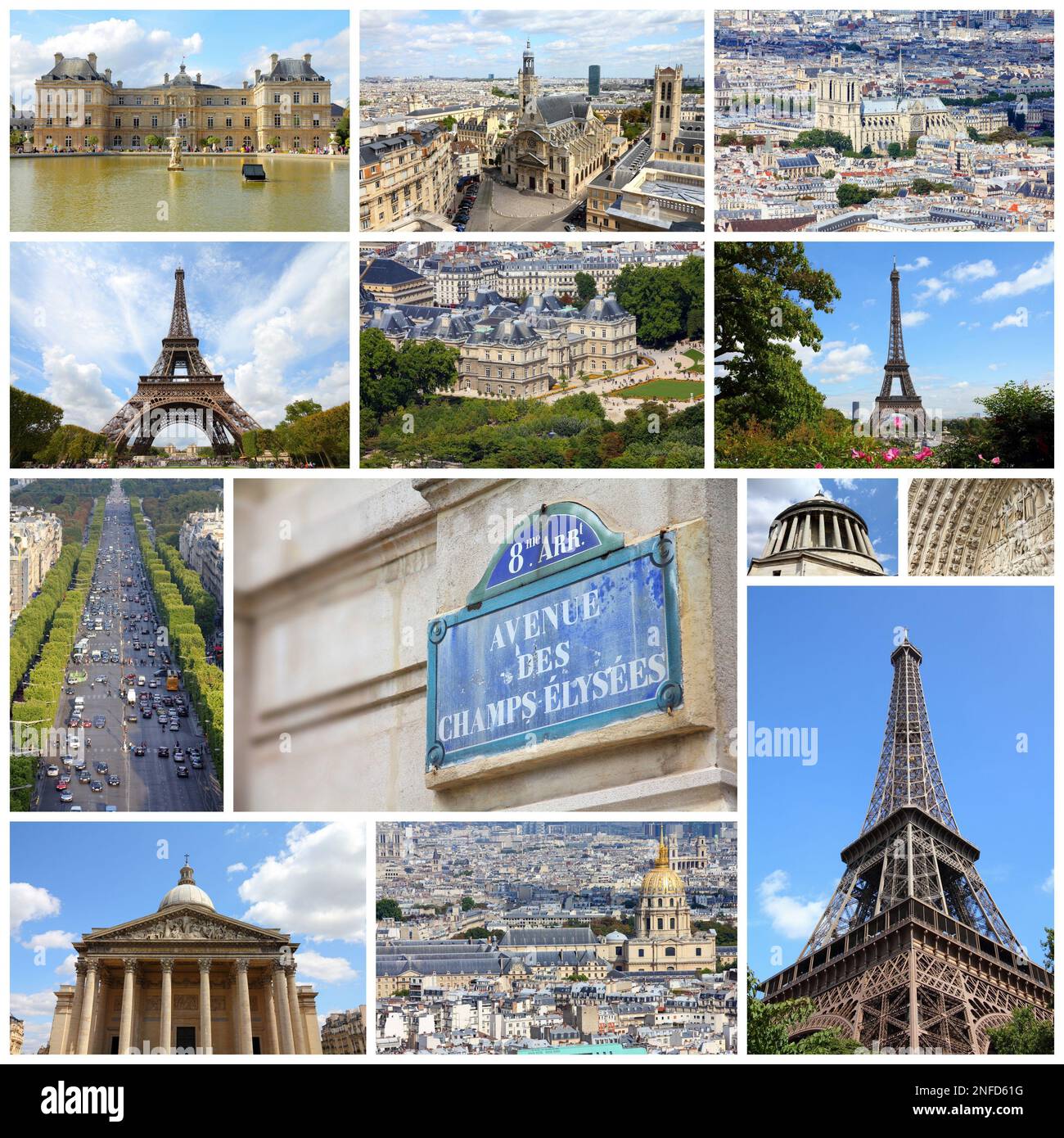 Paris, Frankreich, Reisen foto Collage mit Pantheon, Luxemburg Palast und dem Eiffelturm. Stockfoto