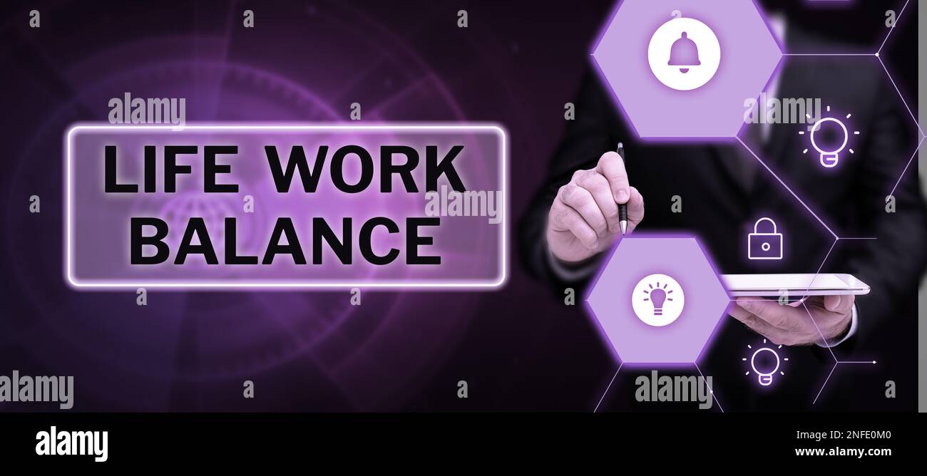 Textzeichen für die Work Balance im Leben, Konzept für die Stabilität, die die Person zwischen ihrer Arbeit und ihrer Freizeit benötigt Stockfoto
