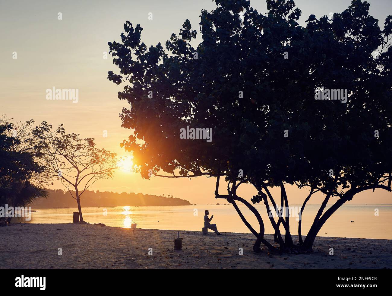 Glückliche Frau in Silhouette, die mit ihrem Handy am tropischen Strand in der Nähe von Palmen auf Phi Phi Island im Süden Thailands fotografiert. Travel Magazine V Stockfoto