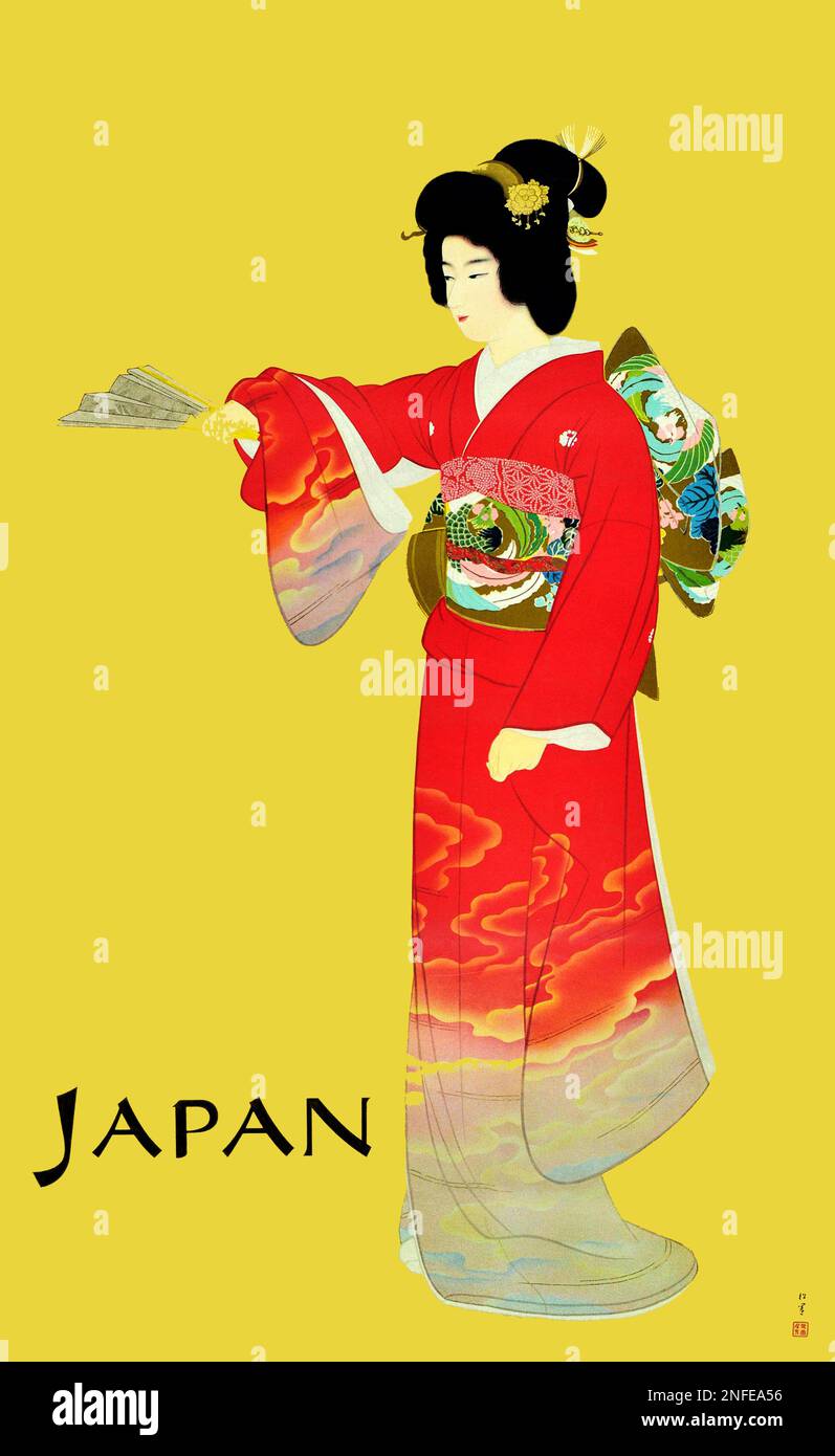 Japanisches Reiseposter im Vintage-Stil - Geisha auf gelbem Hintergrund Stockfoto