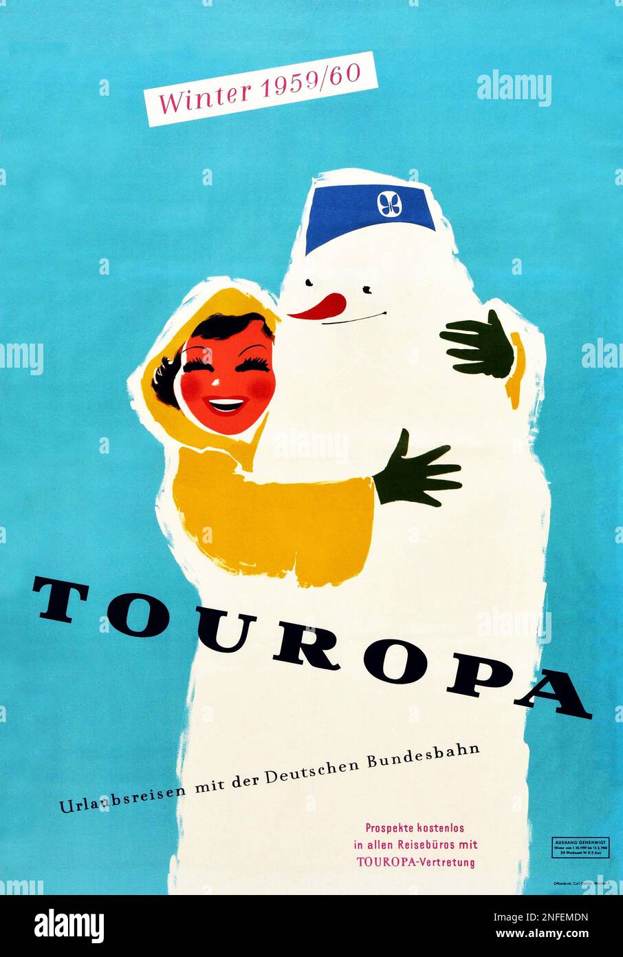 Vintage 1950er German Railway Travel Poster - Touropa Winter Holidays Travel Snowman Stockfoto