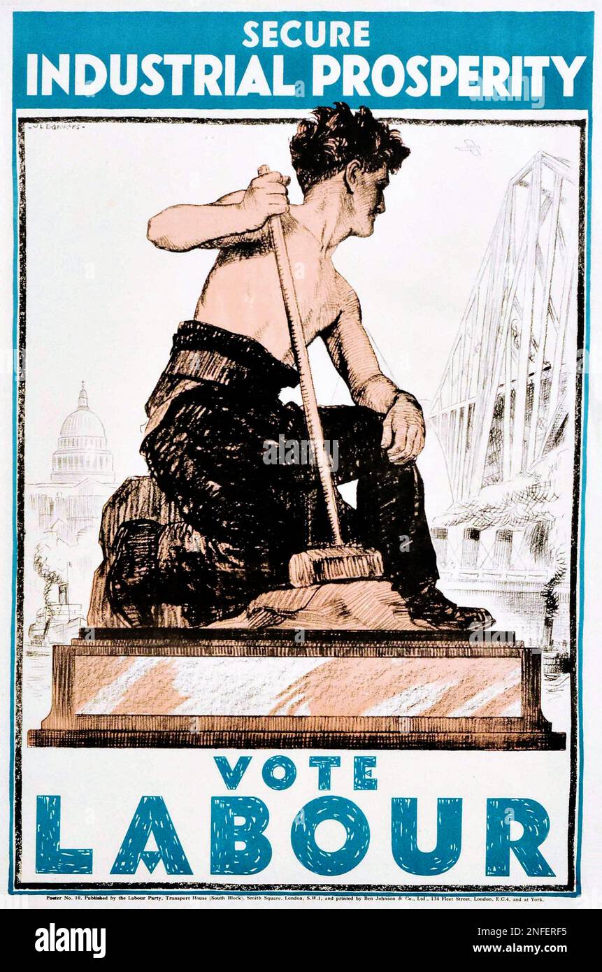 1930er Poster der britischen Labour Party – Sicherer industrieller Wohlstand Stockfoto