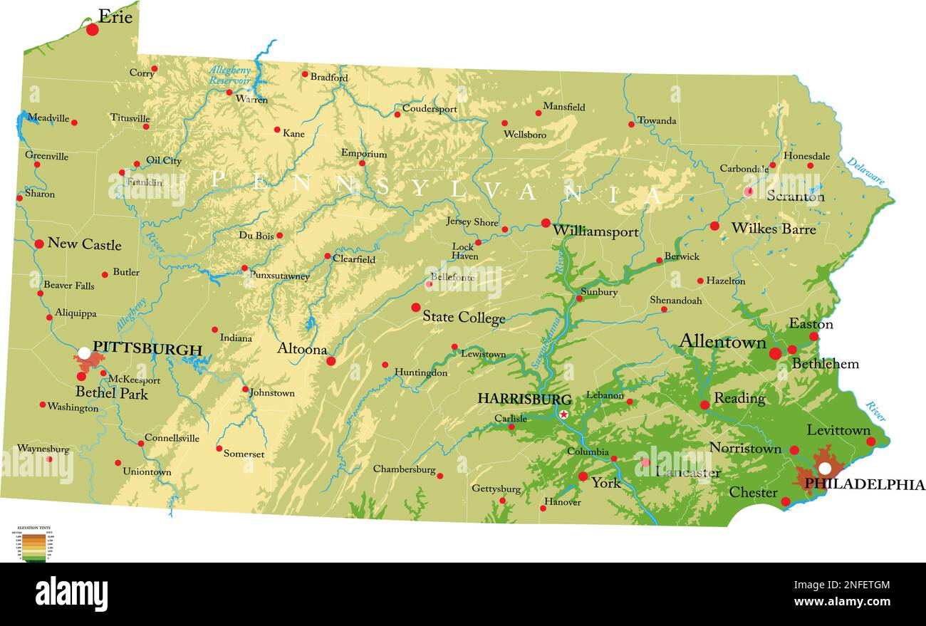 Sehr detaillierte physische Karte von Pennsylvania, im Vektorformat, mit allen Reliefformen, Regionen und Großstädten. Stock Vektor