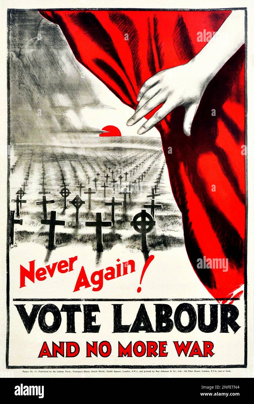 1930er Poster der britischen Labour Party - nie wieder Vote Labour und kein Krieg mehr. Stockfoto