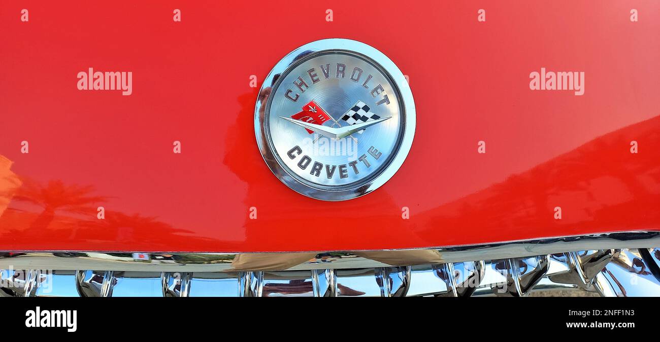 Chevrolet Corvette Logo, Maskottchen, Motorhaubenschmuck, Motorhaubenschmuck, Kühlerdeckel, Motormaskottchen, Fahrzeugzeichen, Stockfoto