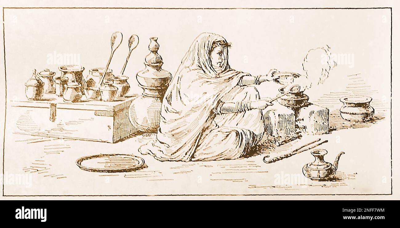 Eine Illustration aus dem späten 19. Jahrhundert, die eine Hausfrau im Dorf kocht. Stockfoto