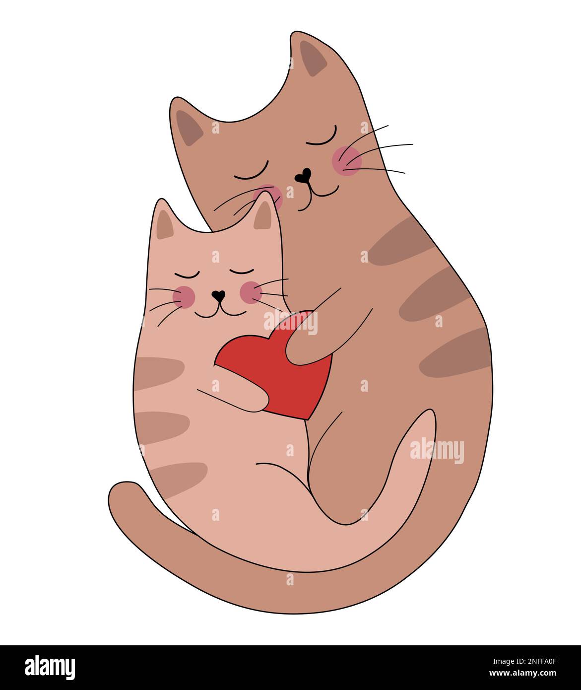 Zwei süße, braune, gestreifte Katzen, die sich verlieben und ein Herz in den Pfoten haben. Katzen umarmen sich. Vektorzeichnung für Grußkarte oder Poster zum romantischen Valentinstag. Stock Vektor
