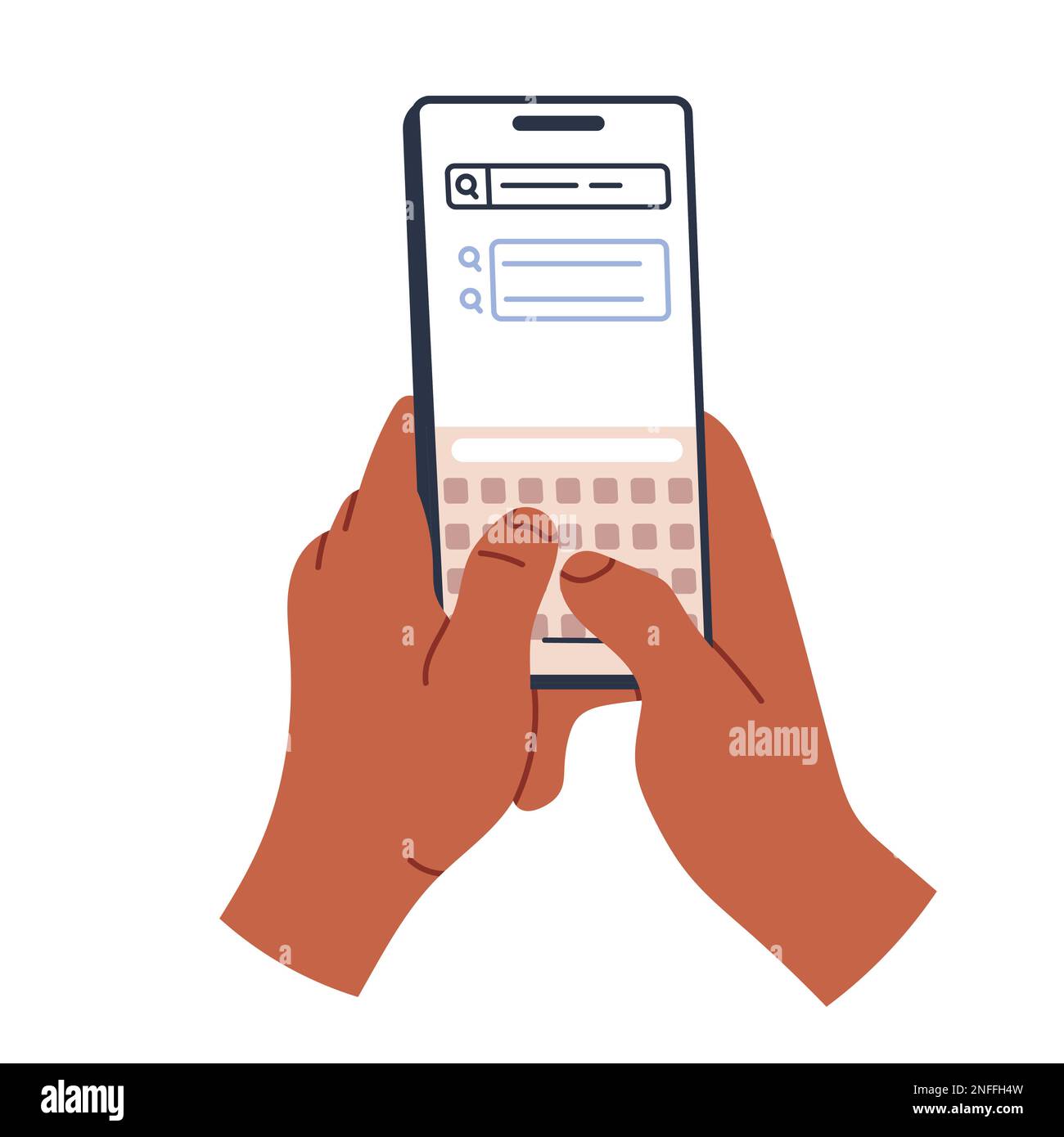 Telefon in der Hand. Bildlauf, Informationssuche, soziale Netzwerke. Abbildung eines flachen Vektors Stock Vektor