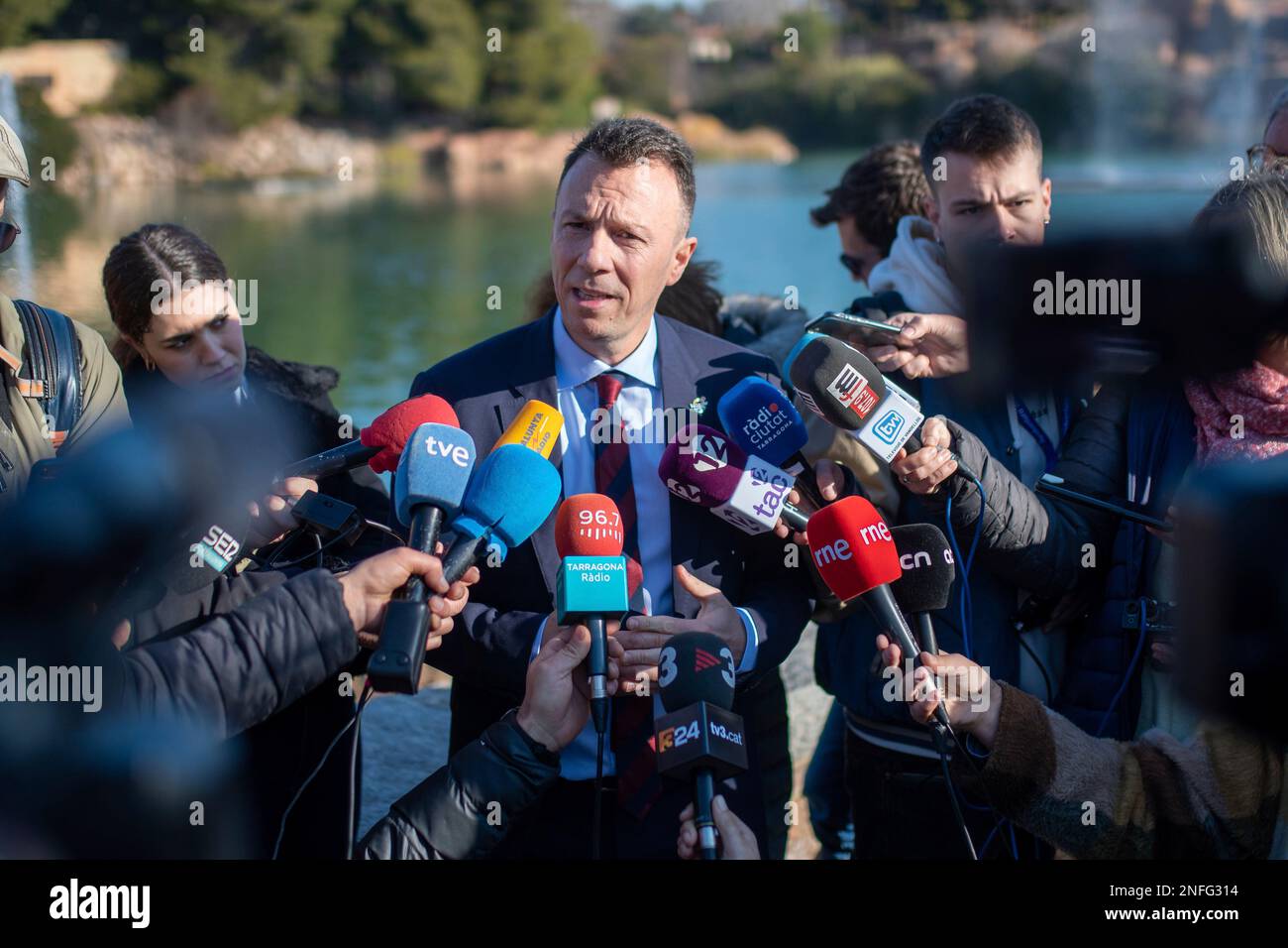 PortAventura's General Business Director, David García, talks to the media on the opening day of PortAventura World 2023, February 17, 2023, in Salou, Tarragona, Catalonia (Spain). The amusement park starts its 2023 season today. One of the main novelties presented by PortAventura World in 2023 is the celebration of Carnival inside the park, inspired by the popular Brazilian and Italian traditions. The resort will be putting on a large number of shows, as well as activities such as batucadas, parades of troupes and floats that will tour the park on weekends in February and March. The park is a Stockfoto