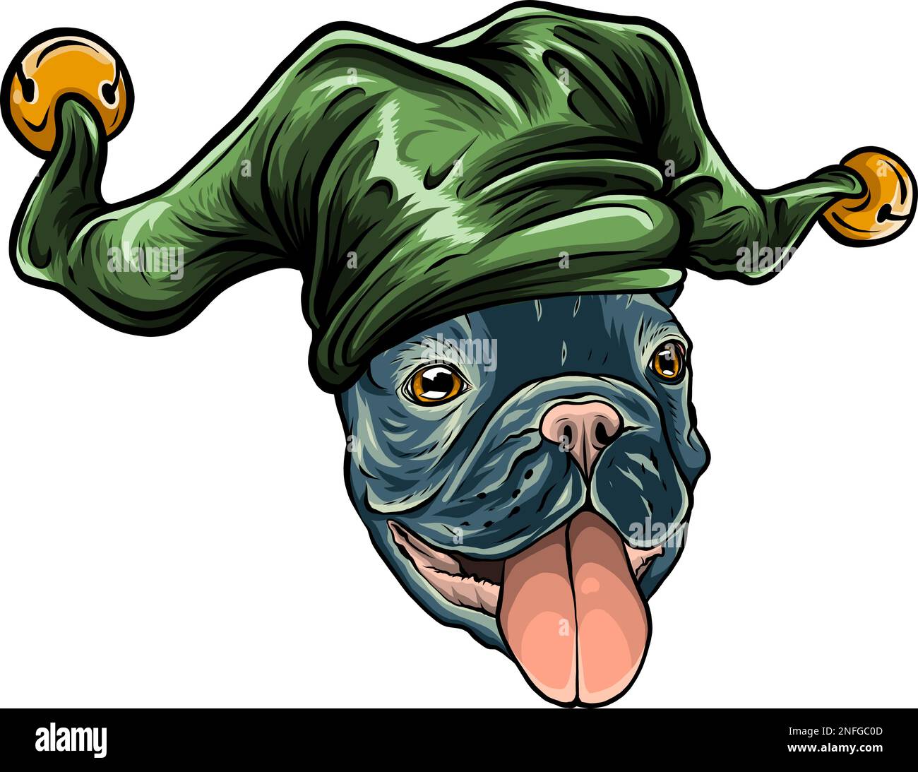 Französisches Bulldog-Porträt mit einem Narren-Hut. Vektordarstellung. Stock Vektor