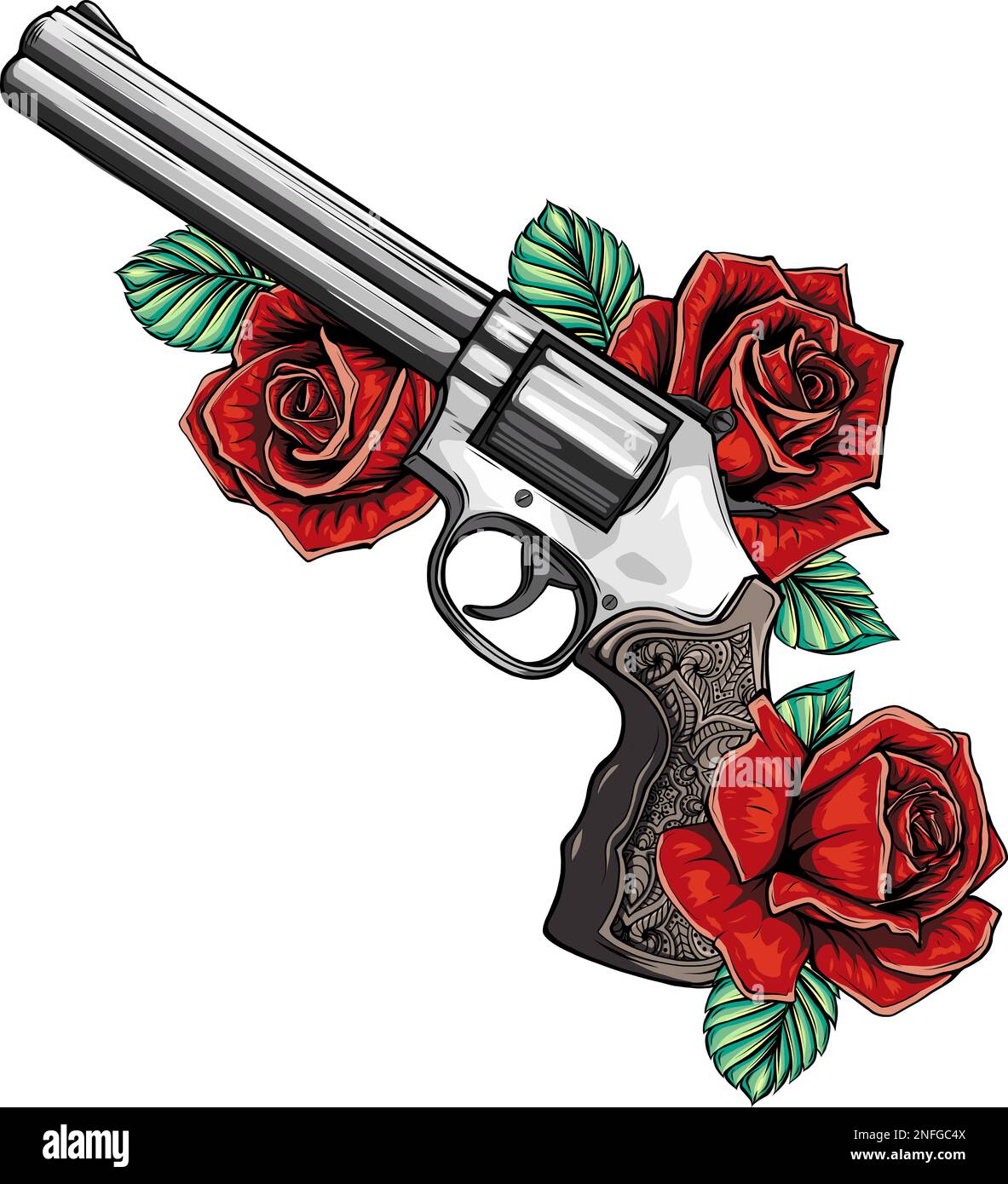 Eine Abbildung in Pistolen- und Rosenfarben für Tattoo- und Design-T-Shirts und andere Gegenstände. Stock Vektor