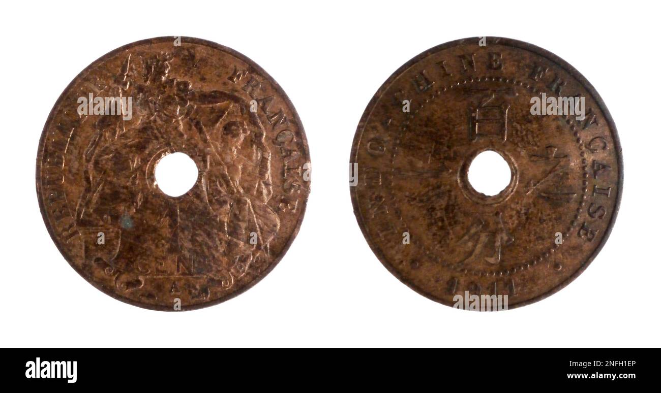 Französische Indochina-Bronze-Münze von einem Cent prägte 1911 mit einer allgemeinbildenden französischen Frau, die die asiatische Frau bedeckt, mit einer Flagge mit einem Wert unter auf der linken seite des sid Stockfoto