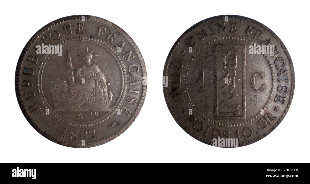 Französische Indochina Bronze Münze von einem Cent geprägt im Jahr 1887 mit der Freiheit auf dem Sitz mit Faschin und Ruder, Anker und Datum, und auf der linken Seite Chinesisch in Stockfoto