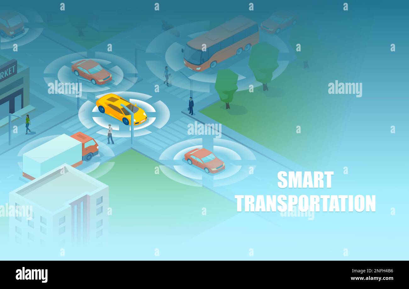 Isometrischer Vektor eines intelligenten Transports, Menschen und Fahrzeuge, die sich mithilfe von Sensoren und iot in den Straßen der Stadt bewegen. Intelligente, moderne Stadt und Verkehrsmittel Stock Vektor