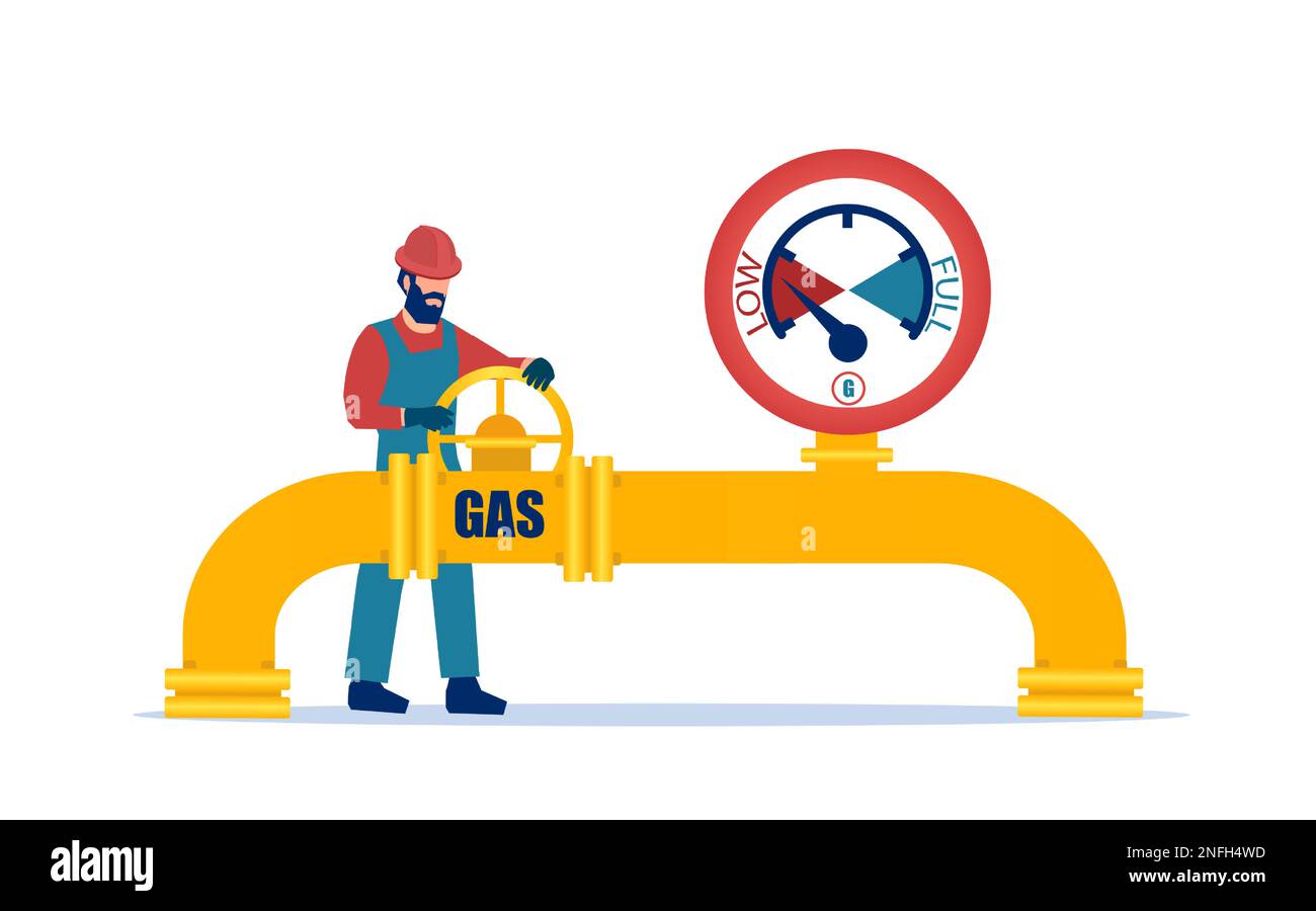 Der Vektor eines Arbeiters schaltet ein Ventil an einer Gasleitung ab. Energiekrise und Gasversorgungskonzept Stock Vektor