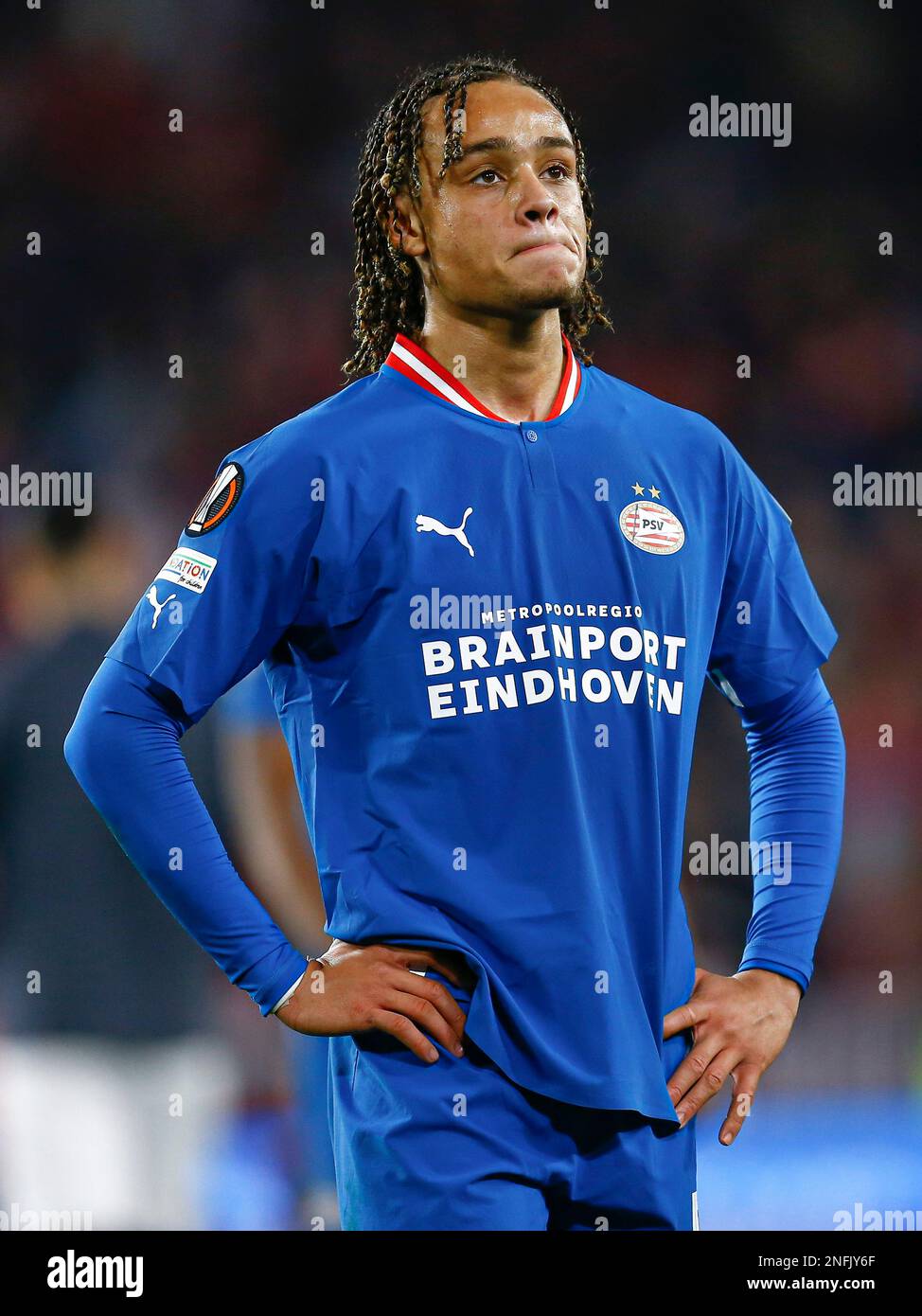 Xavi Simons von PSV Eindhoven während des Spiels UEFA Europa League, Play-off, 1. Etappe zwischen dem FC Sevilla und dem PSV Eindhoven, gespielt am 16. Februar 2023 im Ramon Sanchez Pizjuan Stadion in Sevilla, Spanien. (Foto: Antonio Pozo / PRESSIN) Stockfoto