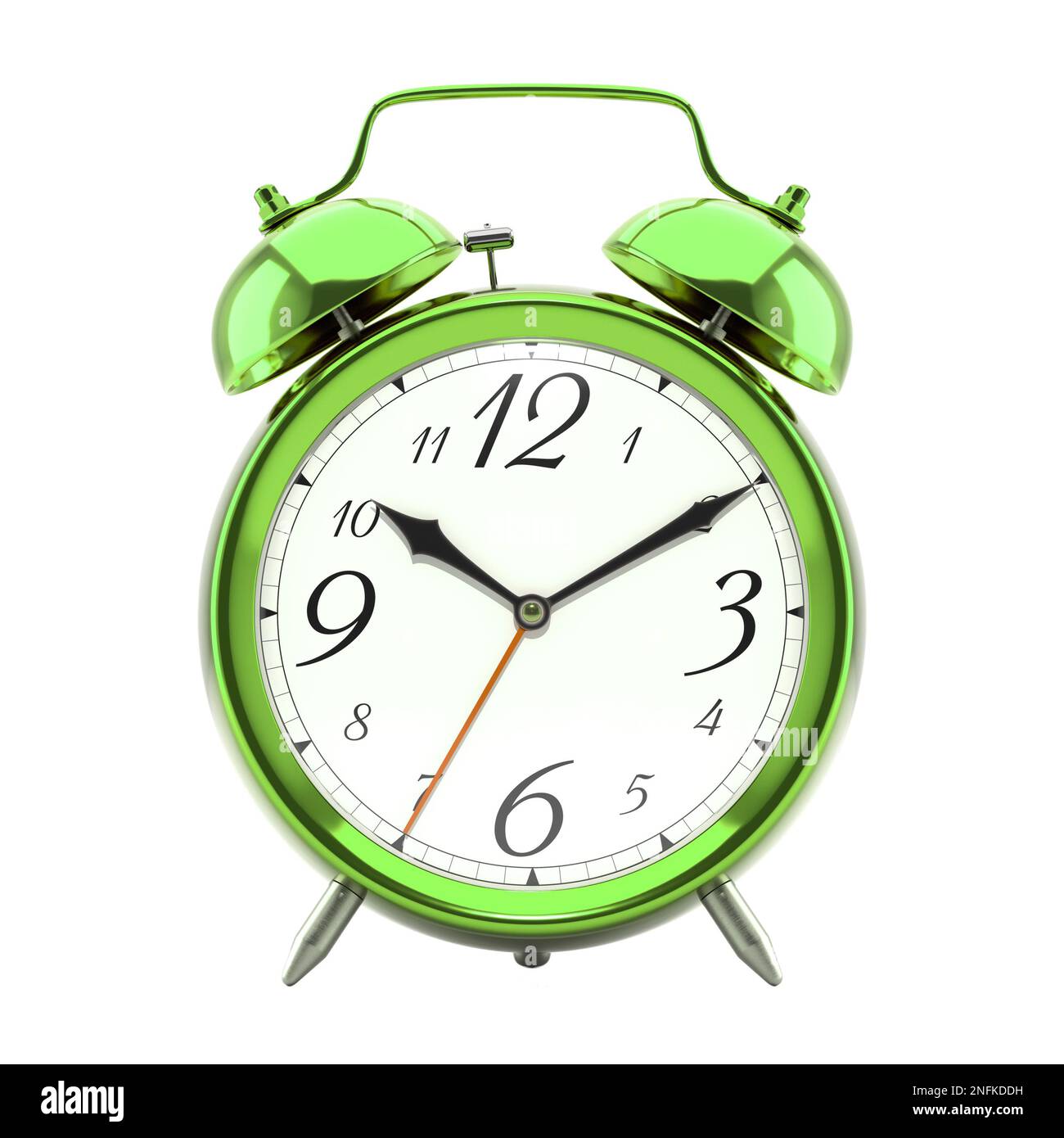 Wecker, grüne Uhr in Metallic-Farbe im Vintage-Stil mit schwarzen Händen. Stockfoto