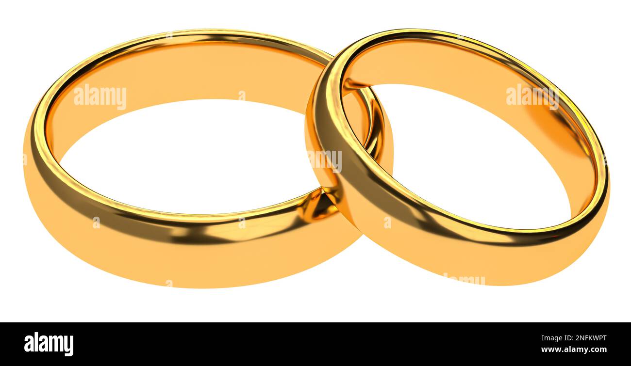 Abbildung von zwei goldenen Eheringen, isoliert auf Weiß. Konzepte der Einheit. 3D Rendern Stockfoto