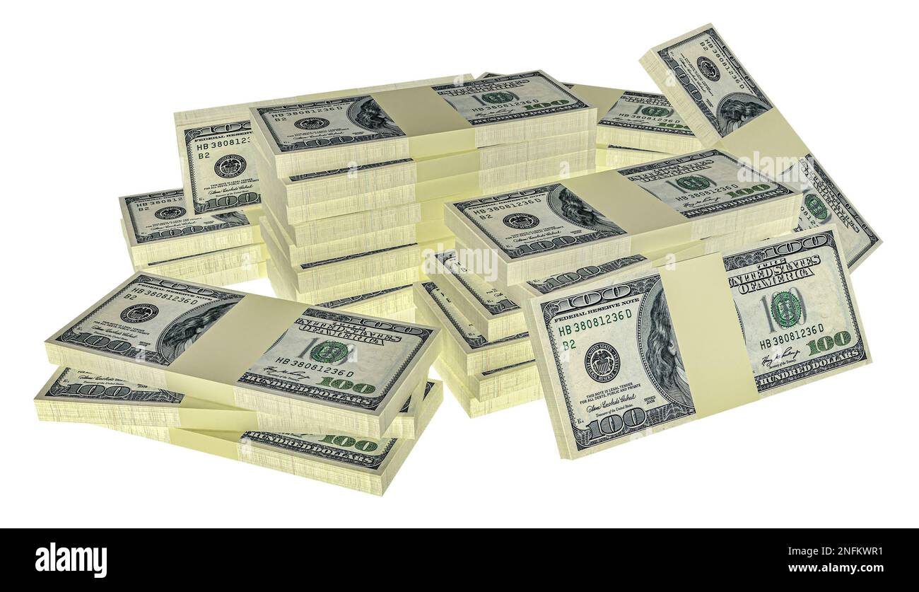 Große Geldstapel aus Dollars, isoliert auf weißem Hintergrund. Dollar-Finanzkonzeption. 3D-Rendering Stockfoto
